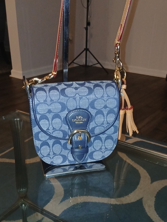 Coach Handbags - Coach Kleo Navy Signature Denim Crossbody with Tan Leather Strap and Tassel